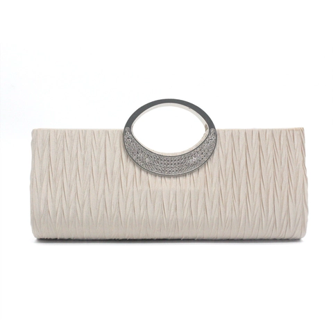 Evening Clutch Bag Pleated Satin Rhinestone Metallic Ring Handle Wedding Party Handbag For Women With Detachable Chain