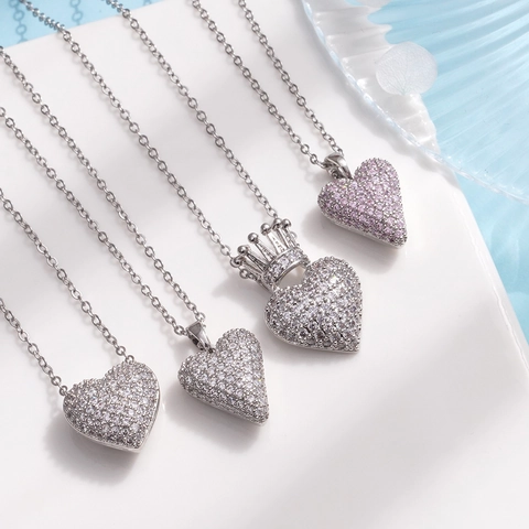 Elegant Heart Crown Pendant Necklace Copper With Micro Paved Cubic Zirconia Fashion Jewelry Gift For Women