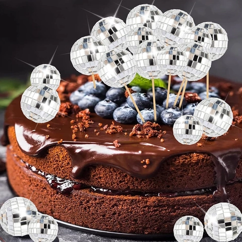 Mini Disco Ball Cake Topper Reflective Mirror Silver Decorative Insert Stick For Party Wedding Birthday Disco Theme