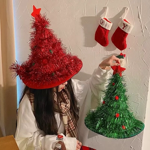 Christmas Tree Hat Tinsel Non-Woven Festive Party Costume Decorative Star Topper Colorful Ball Novelty Holiday