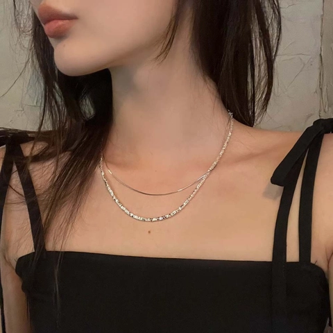Layered Necklace Alloy Broken Silver Geometric Cube Snake Chain Minimalist Clavicle Accessory For Women