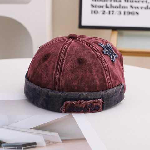Berretto Docker Senza Tesa Retro Cotone Lavato Effetto Consumato Cappello Miki Con Toppa A Stella Regolabile