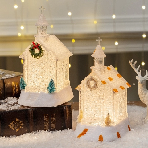 Ornement Église De Noël LED Lumineux Transparent Style Cristal Bâtiment Église Décoration De Table Lumière Chaude Décor Maison