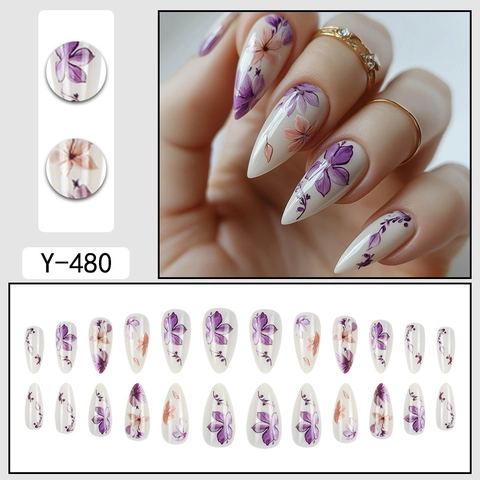 Faux Ongles Press On Longue Amande Tulipe Violette Floral Aquarelle Élégante Style Français Manucure Art