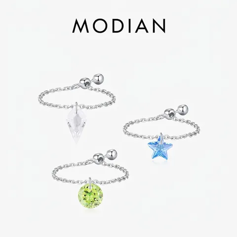 925 Sterling Silver Adjustable Chain Ring Colorful Cubic Zirconia Star Kite Round Geometry Charm Hand Jewelry Women