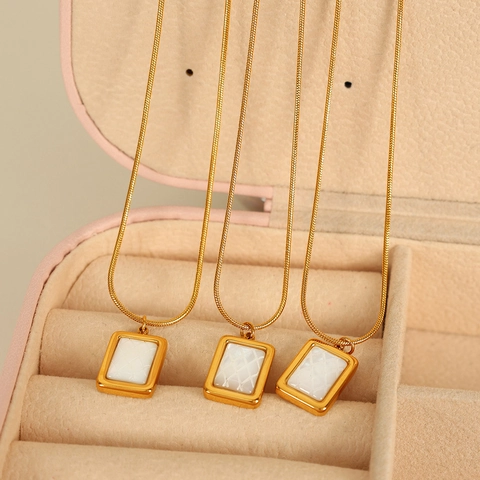 French Ins Style Square White Shell Pendant Necklace Titanium Steel Geometric Lattice Pattern Gold Jewelry For Women