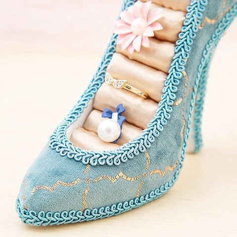 Supporto Per Esposizione Gioielli Scarpa Con Tacco Alto Velluto Resina Porta Anelli Stile Europeo Retrò Blu Pavone Regalo