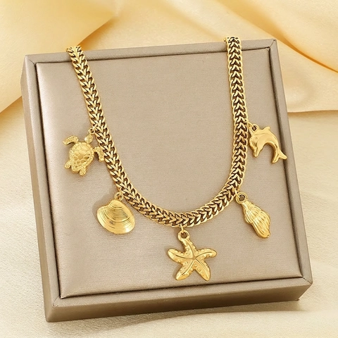 Marine Thema Hanger Ketting 18K Verguld Roestvrij Staal Schildpad Zeester Dolfijn Sieraden Voor Dames Strandstijl