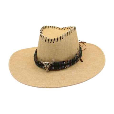 Chapeau De Cow-Boy Western Large Bord Style Paille Sangle Ethnique Décor Tête De Taureau Corde Réglable Protection Solaire