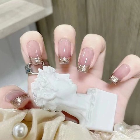 Press On Nails Artificial False Fingertips French Gradient Nude Pink Gold Foil Square Head Elegant For Women DIY Manicure