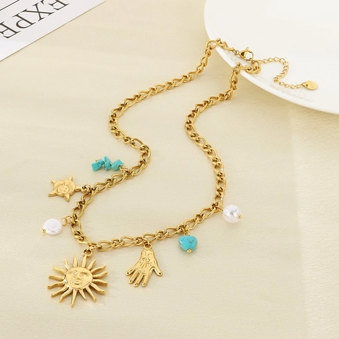 Hemelse Hanger Ketting Roestvrij Staal Verguld Zon Maan Ster Hart Hamsa Hand Vintage Boheemse Sieraden Voor Vrouwen