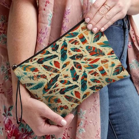 Bolsa Maquillaje Estampado Plumas Bohemio Imitación Lino Cremallera Correa Muñeca Organizador Tocador Mujeres Vintage Viaje