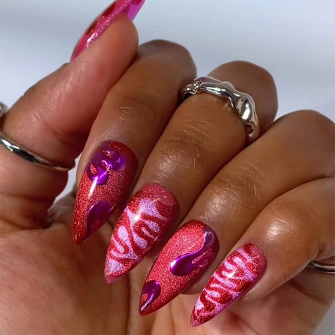 Lila Rote Katzenauge Aufpressnägel Lange Mandelform 3D Wellentextur Glitzer Schimmer Künstliche Nägel Für Frauen Maniküre