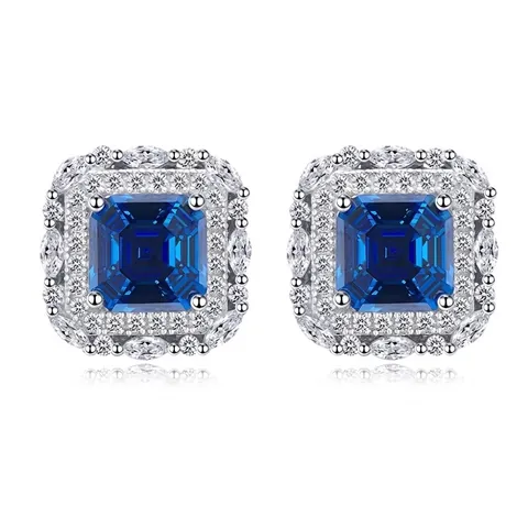 925 Sterling Silver Earring Post Royal Blue Square Emerald Cut Stud Earrings With Rhinestone Halo For Women Luxury Jewelry