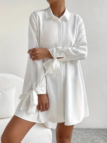 Vestido Camisero Manga Larga Color Sólido Puños Con Lazo Solapa Botones Suelto Casual Elegante Oficina Para Mujeres