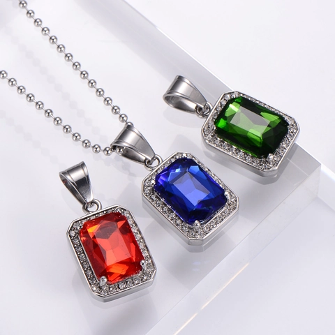 Collana Con Ciondolo Hip Hop Acciaio Inossidabile Rettangolo Pietra Preziosa Artificiale Iced Out Strass Gioielli Uomo Streetwear