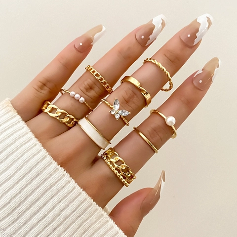 Vlinder Kunstparel Ringen Dames Vintage Goud Legering Zirkoon Open Verstelbaar Boho Retro Sieraden Vingeraccessoires
