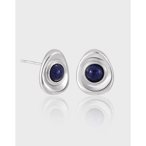 Orecchini a Bottone Geometrici Ovali in Argento Sterling 925 da Donna Minimalista Intarsiato Lapislazzuli Gioielli