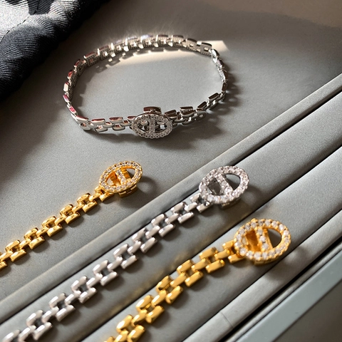 Vintage Luxury Alloy Pave Zirconia Anchor Link Chain Bracelet And Ring Gold Silver Plated Jewelry For Women Elegant Party Hand Accessories