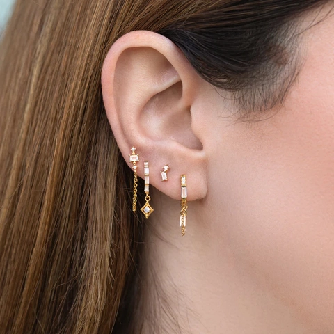 Zircon Inlaid Copper Earrings With Stainless Steel Earring Post Geometric Leaf Star Dangle Studs Ear Cuffs For Women