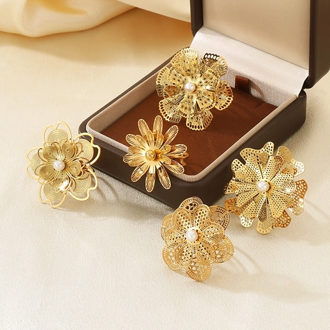 Hollow Flower Rings Stainless Steel Gold Plated Adjustable Open Band With Zircon Artificial Pearl Vintage Aesthetic Jewelry Women