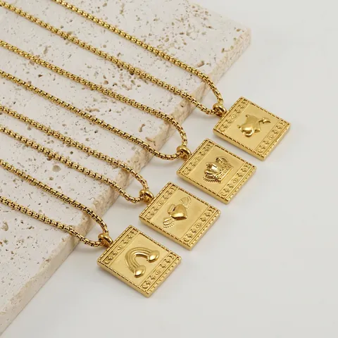 Vintage Square Tag Necklace Stainless Steel 18K Gold Plated Embossed Crown Heart Wings Rainbow Cupid Arrow Jewelry