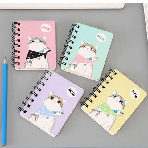Mini Spiral Notebook Pocket Portable Notepad Cartoon Cat Cactus Design Diary Journal Student Office Stationery Supply