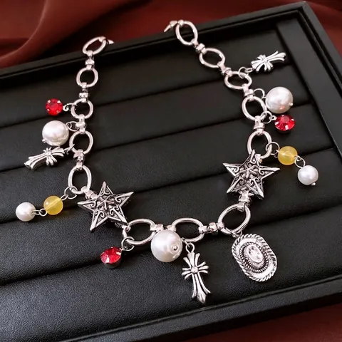 Collana Con Pendente A Croce E Stella Con Nappine In Lega D Argento Vintage Con Künstliche Perle Sintetiche Künstliche Perle Di Vetro Stile Punk