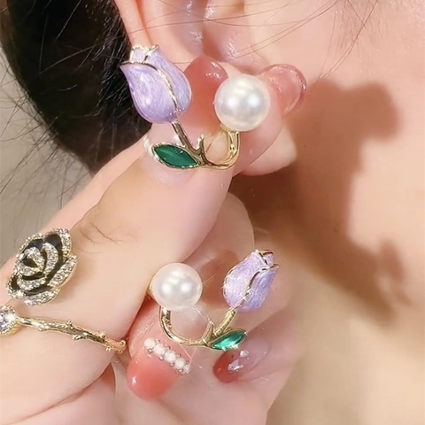 Versatile Pink Tulip Enamel Stud Earrings With White Faux Artificial Pearl Alloy Gold Plated Floral Sweet Jewelry For Women