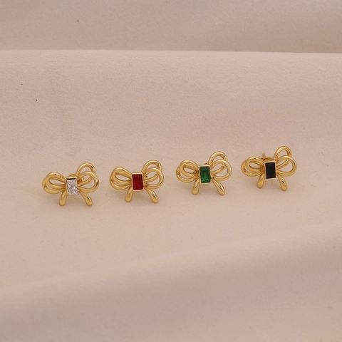 Double Layer Bowknot Stud Earrings Stainless Steel With Colorful Rectangular Zircon Sweet Small Jewelry For Women