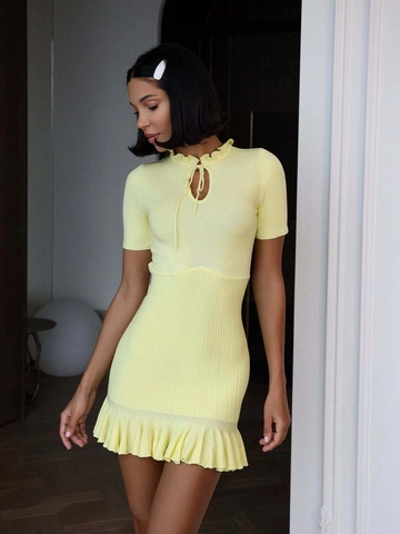 Abito Mini In Maglia Donna Maniche Corte Orlo A Volant Stringato Scollo Rotondo Cotone Acrilico Aderente Sexy Moda