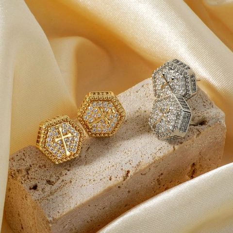 Fashion Hexagon Cross Stud Earrings Copper Pave Rhinestone Ear Jewelry Hip Hop Style Gold Silver Tone For Women Gift