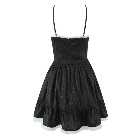 Robe Mini Camisole Sexy Col V Sans Manches Femmes Noir Blanc Bordure Volants Taille Haute Polyester Texturé Style Lolita