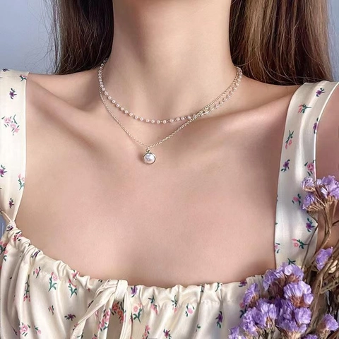 Double Layer Artificial Pearl Necklace Bracelet Alloy Round Pendant Choker Minimalist French Style Jewelry Women