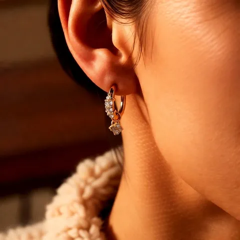 Flower Pendant Hoop Earrings Copper Gold Plated With Zircon Dainty Sparkle Jewelry For Women Elegant