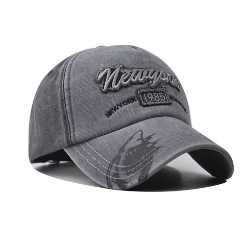 Cappello Da Baseball In Cotone Lavato Ricamo New York 1985 Distressed Retrò Stampa Squalo Regolabile Uomo Donna