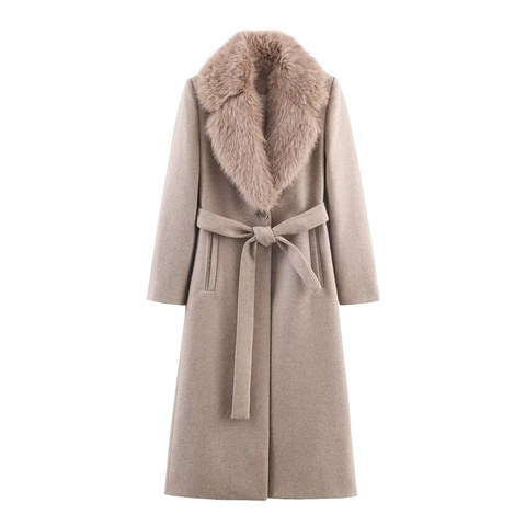 Women Long Wool Blend Coat With Faux Fur Collar Belted Elegant Warm Winter Outerwear