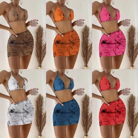 Marble Print Halter Bikini Top And Briefs And Ruched Mesh Skirt Beachwear Swimsuit Women Vacation