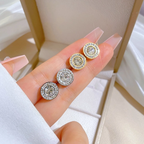 Boucles D'oreilles Puces Rondes Minimalistes En Acier Titane Zircone Cubique Bijoux Scintillants Pour Femmes