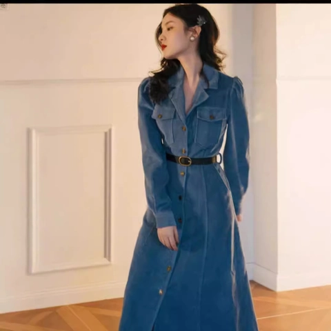 Corduroy Maxi Dress Long Sleeve Lapel Suit Collar Belted High Waist Elegant Vintage Style Solid Color For Women