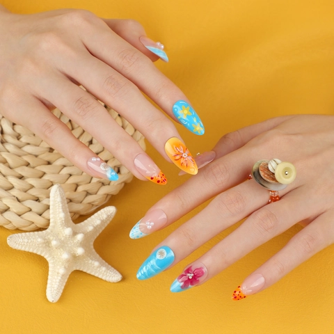 3D Tropische Blumen Press On Nails Sommer Ozean Thema Lange Mandel Stiletto Künstliche Nägel Künstliche Perle Strass Dekor Bunt