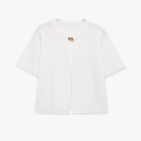Cárdigan de Punto Elegante para Mujer con Cuello Redondo y Manga Corta Botón de Concha Dorado Suéter de Poliéster para Primavera Verano