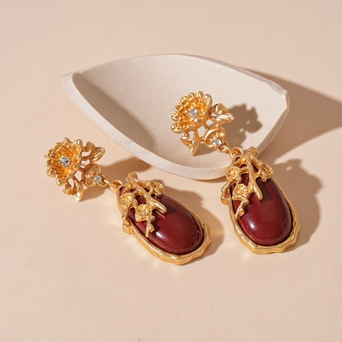 Vintage Flower Teardrop Drop Earrings Alloy Resin Rhinestone With 925 Sterling Silver Earring Post French Style Women