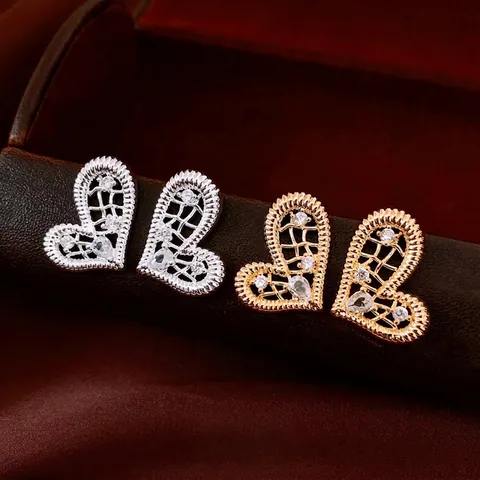 Heart Stud Earrings With Zirconia Hollow Mesh Copper Real Gold Plated And 925 Sterling Silver Earring Post For Women