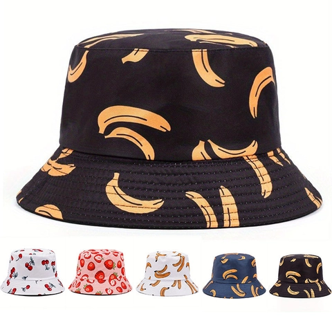 Women Summer Bucket Hat Acrylic Fruit Print Banana Strawberry UV Protection Outdoor Sunshade Hat Fashion Casual