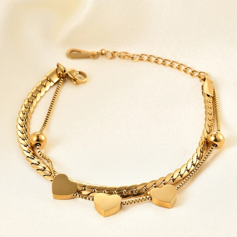 Double Layer Heart Bracelet Stainless Steel 18K Gold Plated Flat Snake Chain Heart Charms Adjustable Jewelry For Women