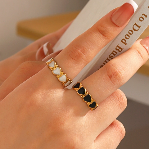 Herzförmiger Offener Ring Edelstahl Vergoldet Kontinuierliche Emaille-Herzen Minimalistischer Verstellbarer Fingerschmuck Damen
