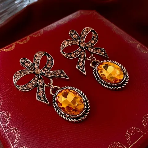 Orecchini Pendenti Con Fiocco Vintage Con Strass Ambra Pietra Sintetica Stile Barocco Perno In Argento Per Donna