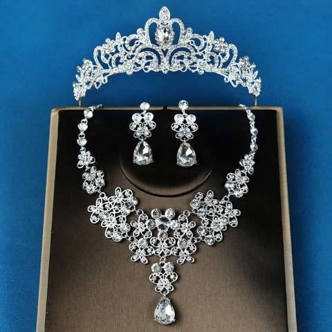 Vintage Luxurious Bridal Jewelry Crown Necklace Earrings Silver Plated Alloy Rhinestone Teardrop Wedding Party Prom Women