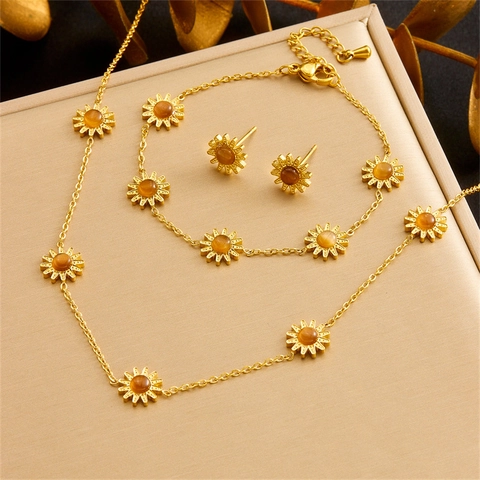Sunflower Daisy Jewelry Stainless Steel Tiger Eye Stone Necklace Bracelet Earrings For Women Gold Plated Fashion